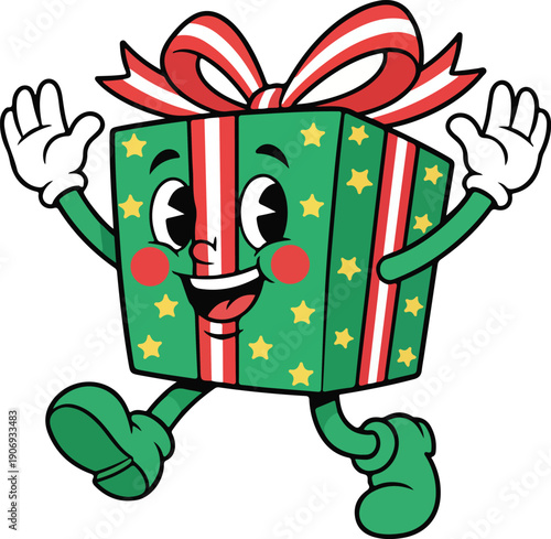 A cheerful animated green gift box with stars, stripes, and a big bow is running happily