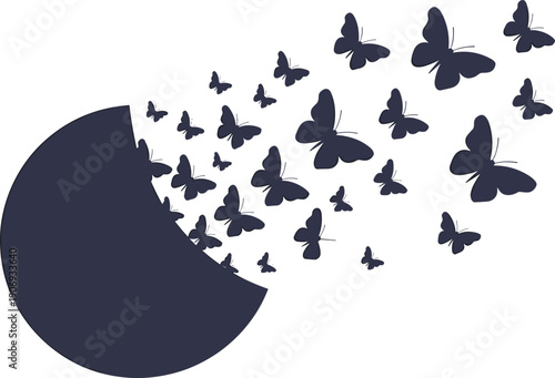 Abstract vector illustration of butterflies emerging from dark circle, transformation concept, freedom, escape, symbolic design, creative stock content for artistic projects
