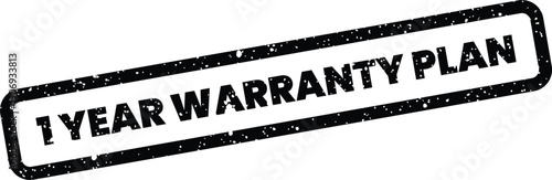 Distressed black rubber stamp with the message one year warranty plan for extended service offerings