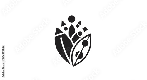 Abstract Black and White Geometric Shapes Forming a Stylized Plant or Flower Icon