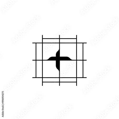 Abstract Cross Symbol Inside Geometric Grid, Minimalist Black and White Design