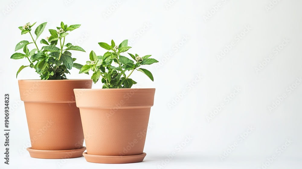 Fototapeta premium Two Terracotta Plant Pots with Fresh Green Plants Against a Simple White Background Ideal for Home Decor, Gardening, or Lifestyle Concepts