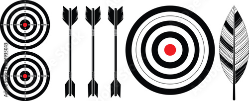 Archery elements set featuring targets, arrows, and fletching in black and white, ideal for sports design, training visuals, and competitive shooting projects.