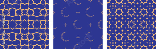 Luxury Gold and Blue Islamic Geometric Pattern Set with Stars and Crescent Moon Shapes