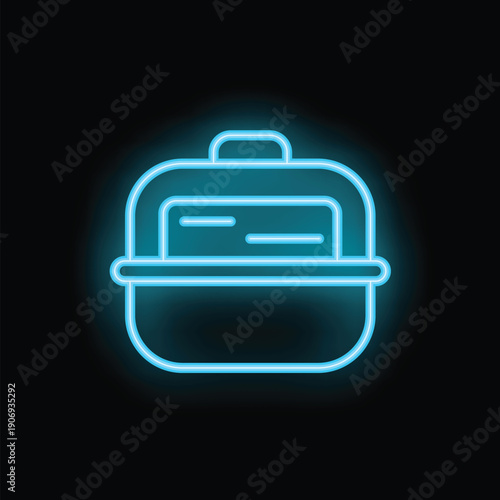 Blue neon icon of a lunchbox glowing on a black background