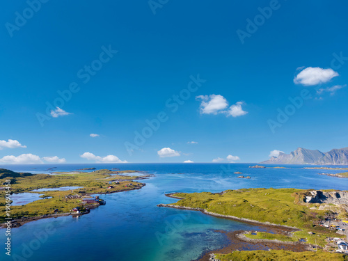 Aerial view of the coastal landscape near Fredvang, Lofoten Islands in Norway