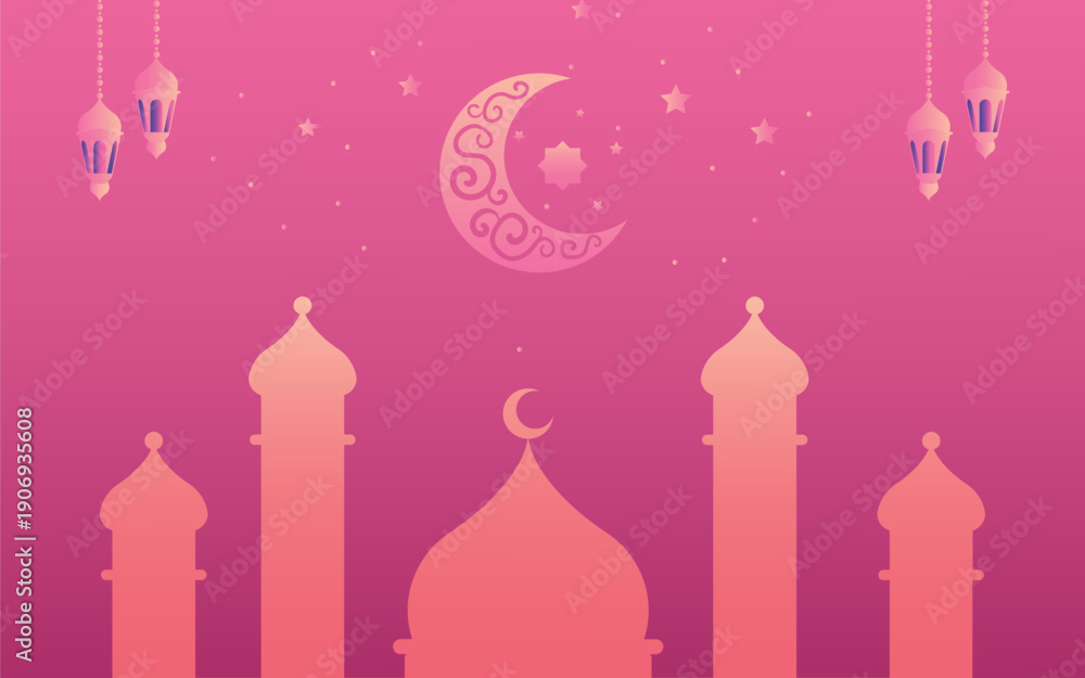 Fototapeta premium A professional Ramadan Kareem greeting banner featuring elegant white calligraphy on a vibrant pink and purple gradient background.
