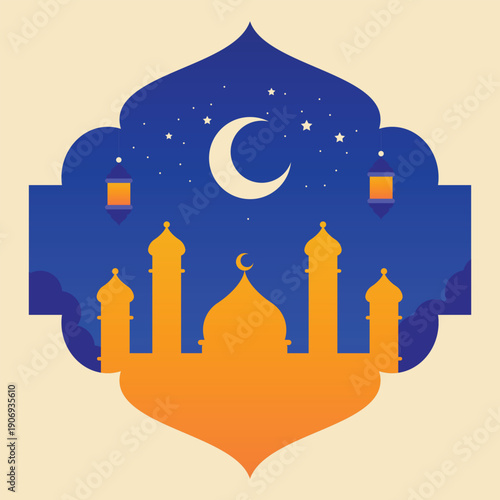 A vibrant and modern Islamic illustration featuring a bright orange mosque silhouette set against a deep blue night sky.