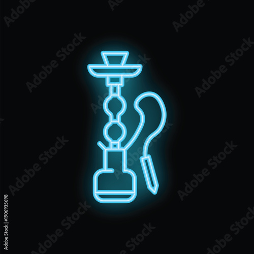 Blue neon sign of a hookah shining brightly on a black background