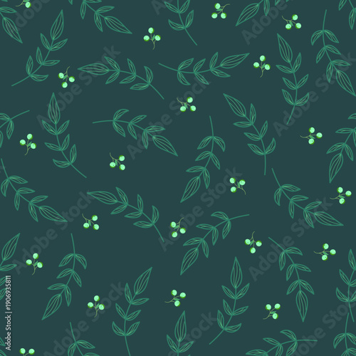 Seamless silhouette pattern of leaves and flowers. Simple leaves on a green background. Suitable for printing, paper, design, fabric, decor, gift wrapping, wallpaper, and advertising. Vector illustrat