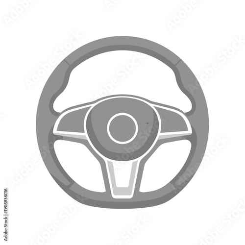 Clean vector illustration of a modern car steering wheel in shades of grey, ideal for automotive interface designs, vehicle control graphics, and driving simulator apps