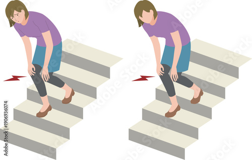 階段を降りる時、膝が痛むシニア女性のイラスト