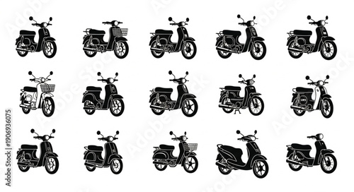 Collection of vintage scooter illustrations in black and white.