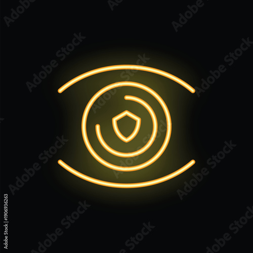 Yellow neon icon of an eye with a shield is glowing on a dark background, representing the concept of security