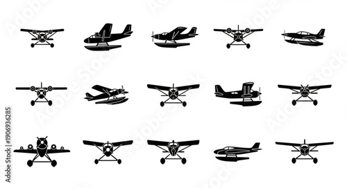 Collection of Vintage Seaplane Silhouettes Isolated on White Background.