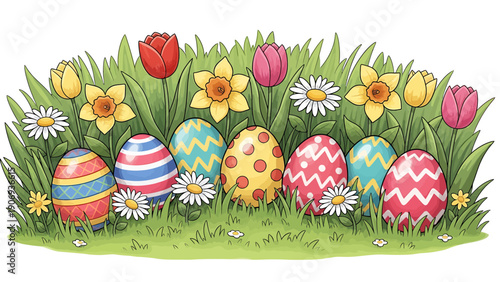 Colorful easter eggs and flowers in the grass
