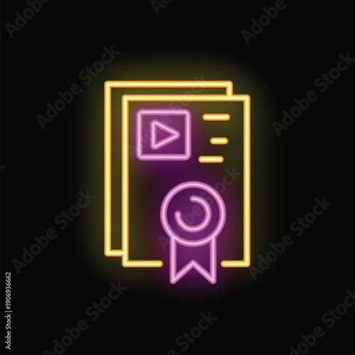 Neon icon of a video content certification showing an approved document with a play button