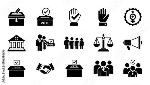 A collection of black and white icons related to voting and government