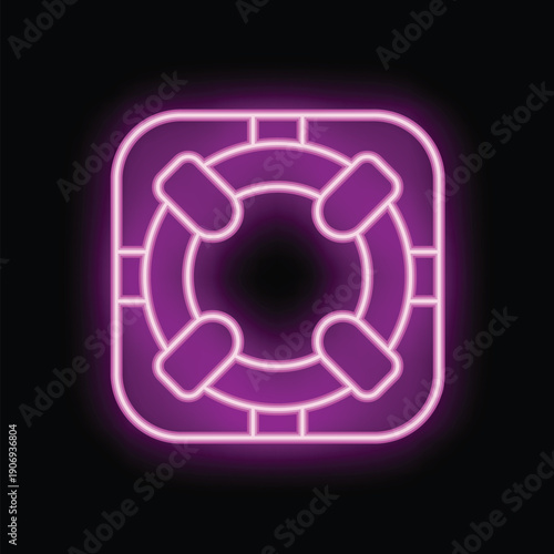 Vibrant neon sign depicting a lifebuoy, emitting a captivating purple glow against a dark backdrop