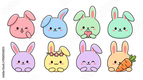 A group of cute cartoon bunnies with different expressions and colors