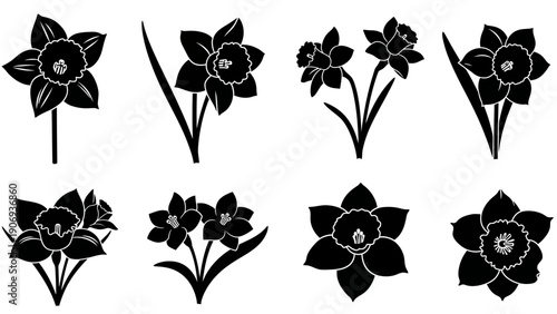A collection of black and white daffodil silhouettes