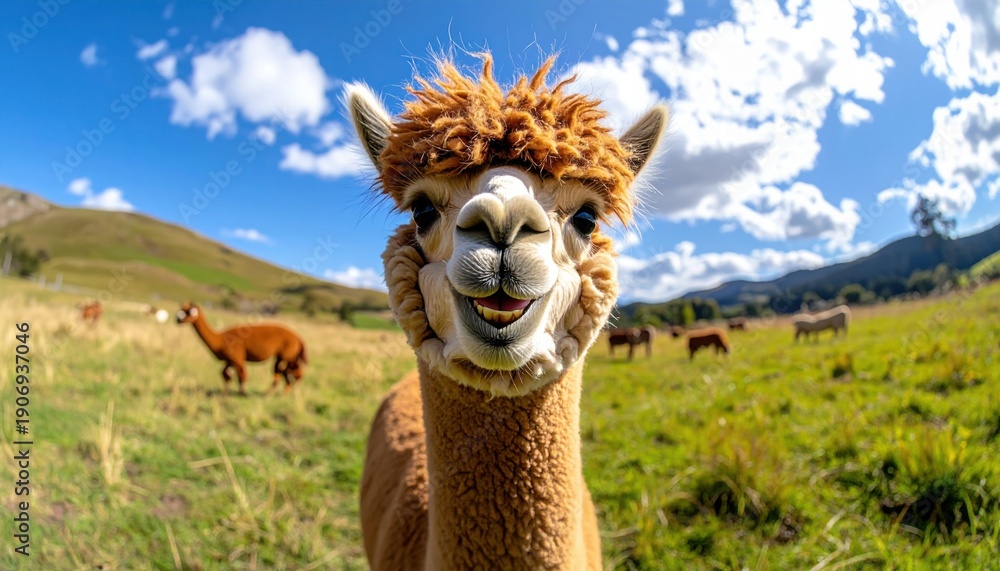 Naklejka premium Close up portrait of smiling brown alpaca with fluffy fur standing in green mountain pasture under blue sky