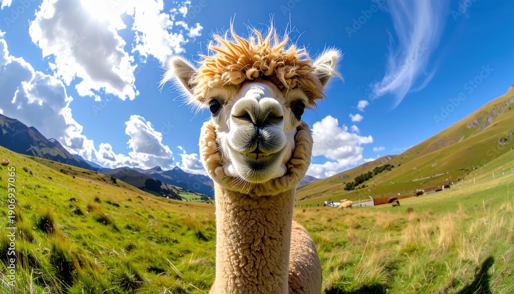 Fototapeta premium Smiling fluffy alpaca looks directly into camera lens with curious expression against bright blue sky and rolling green hills