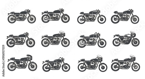 Collection of Vintage Motorcycle Illustrations in a Grid Layout.