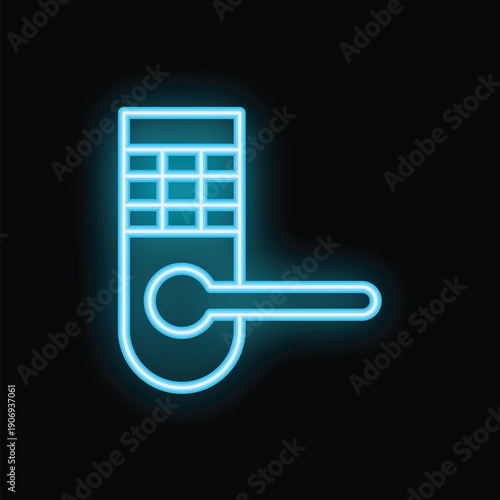 Blue neon icon of an electronic door lock glowing on a black background