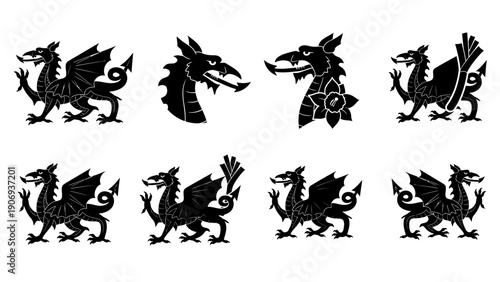A set of eight black dragon silhouettes on a white background