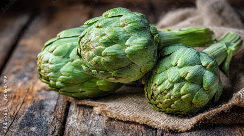 Fototapeta premium Fresh green artichokes on rustic wooden table display.