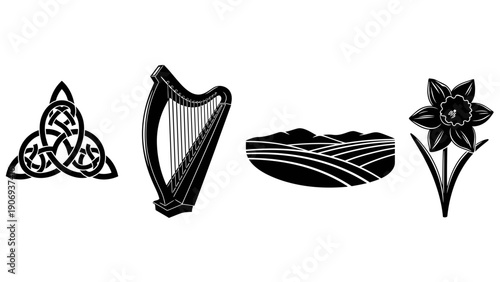 Irish symbols including celtic knot shamrock harp and flute