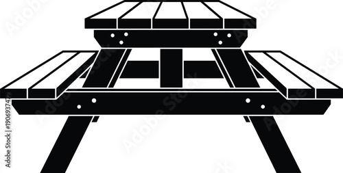 Black silhouette vector illustration of a classic wooden picnic table with attached benches for outdoor park furniture, garden patio dining, and summer leisure activities. (25 words)