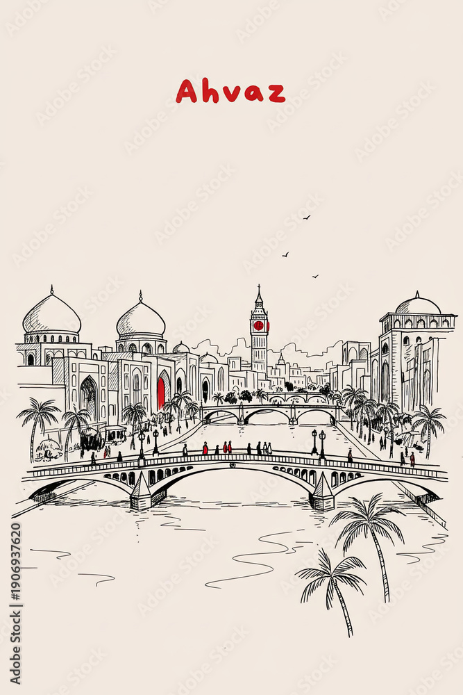 Obraz premium Ahvāz, Iran Pen Line Art Illustration of City Landmark and Travel Scene
