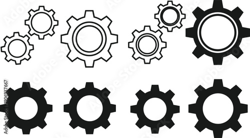 Collection of 13 gear icons in black and white, showcasing mechanical engineering, machinery, and settings symbols for design, technology, and industrial illustration projects.