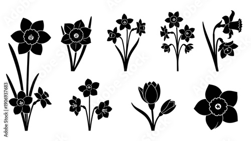 A collection of black and white flower silhouettes