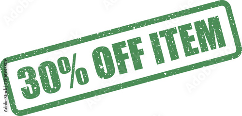Distressed rectangular rubber stamp graphic showcasing a thirty percent discount on a specific merchandise item