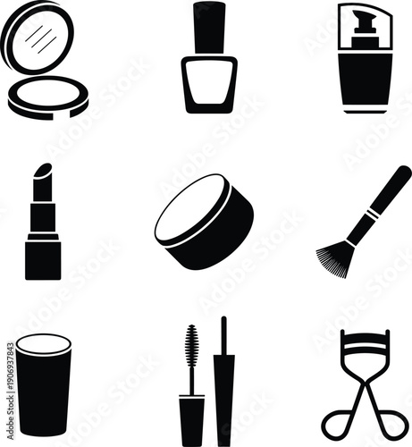 Vector, black, silhouette, illustration, set, of, various, makeup, cosmetics, and, beauty, tools, including, lipstick, mascara, brush, and, nail, polish, for, salon, and, fashion, design, elements