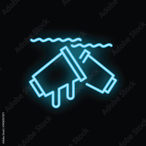 Neon sign depicting plastic cups polluting the ocean, symbolizing environmental issues