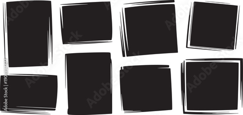 Vector set of black hand-painted grunge frames, collection of rough brush stroke borders and distressed texture shapes for artistic design.