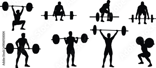 Vector, black, silhouette, illustration, set, of, various, male, athletes, performing, weightlifting, exercises, , and, squats, for, gym, bodybuilding, fitness, and, strength, training, design, 