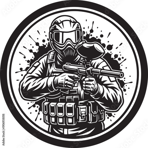 Paintball player in full gear holding a marker within a circular emblem with splatters