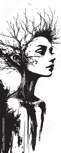 Surreal Artistic Portrait of a Woman Merging with Nature and Tree Branches