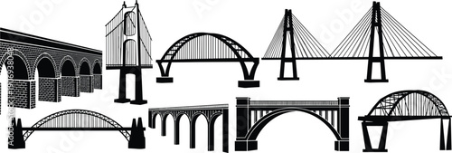 Collection of eight diverse bridge illustrations including arch, suspension, cable‑stayed, and beam designs, ideal for civil engineering, architecture, education, and design inspiration resources
