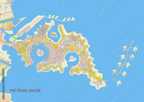 This is a detailed map of The Pearl-Qatar, an artificial island in Qatar. The map shows the intricate layout of the island, including its waterways, buildings, roads, and green spaces.