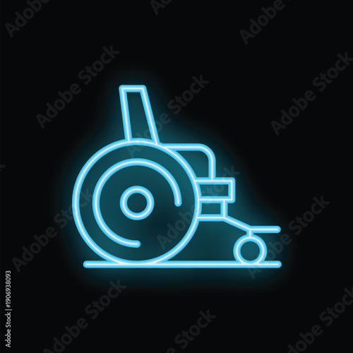 Blue neon sign of wheelchair for disabled person on black background