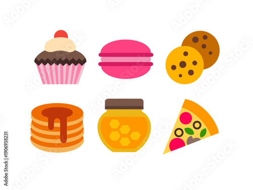 Flat Vector Food Icon Set with Sweets and Savory Snacks