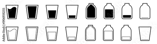 Water in a glass cup. Water in bottle. Amount of water.