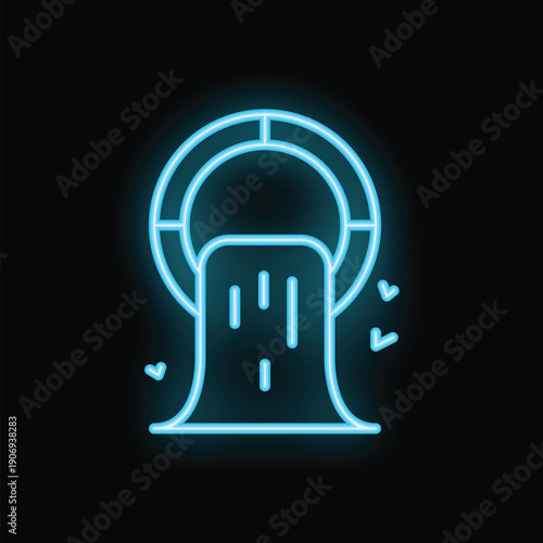 Blue glowing neon line hydroelectric dam icon isolated on black background. Water energy plant. Hydro power station. Vector