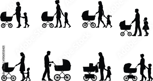 Vector, black, silhouette, illustration, set, of, various, parents, pushing, baby, strollers, while, walking, with, young, children, and, toddlers, for, parenting, and, lifestyle, design, 